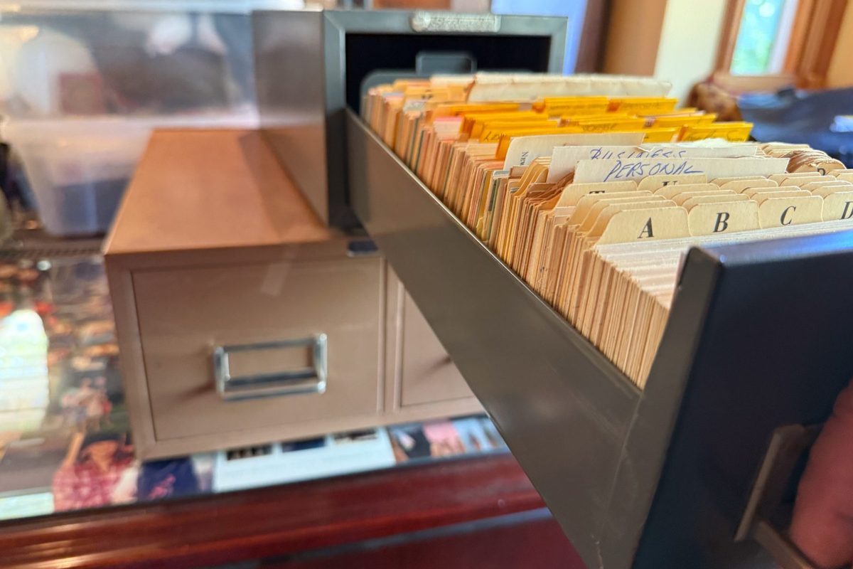 An open drawer of an alphabetized card file