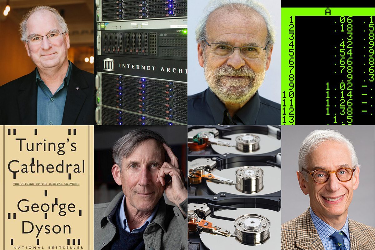 Collage of Brewster Kahle, Bob Frankston, George Dyson and Randy Katz, each beside an image of his best-known work