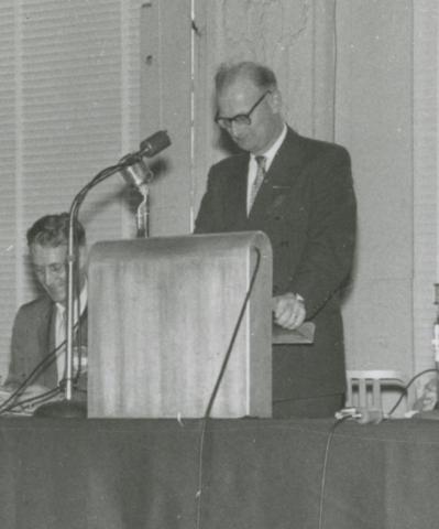 Science-fiction author Arthur C. Clarke speaking at the 14th World Science Fiction Convention (1956).