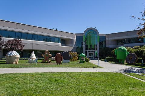 Android mascot statues outside Google's headquarters, the Googleplex.