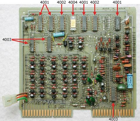 An Intel 4004 microprocessor (1971) mounted on a Busicom calculator circuit board.