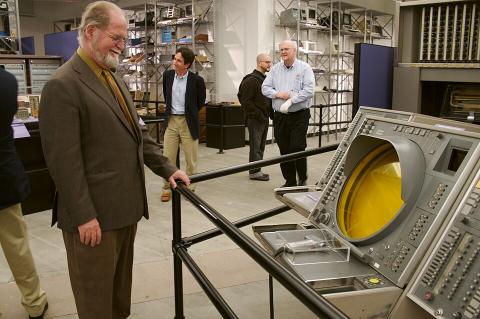 A SAGE (Semi-Automatic Ground Environment) air-defense console at the Computer History Museum, admired by science-fiction author Larry Niven.