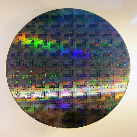 A silicon wafer of integrated circuits.