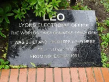 A plaque marking where the LEO — the world's first business computer — ran, built by J. Lyons & Co.