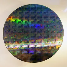 A silicon wafer of integrated circuits.